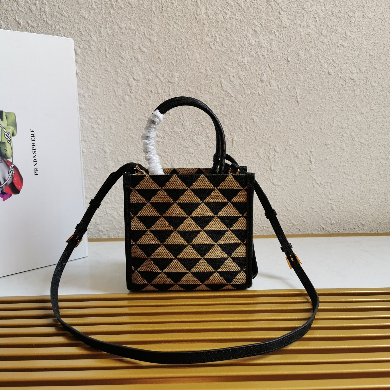 Prada Symbole Micro Bag In Black/Beige Jjacquard Fabric