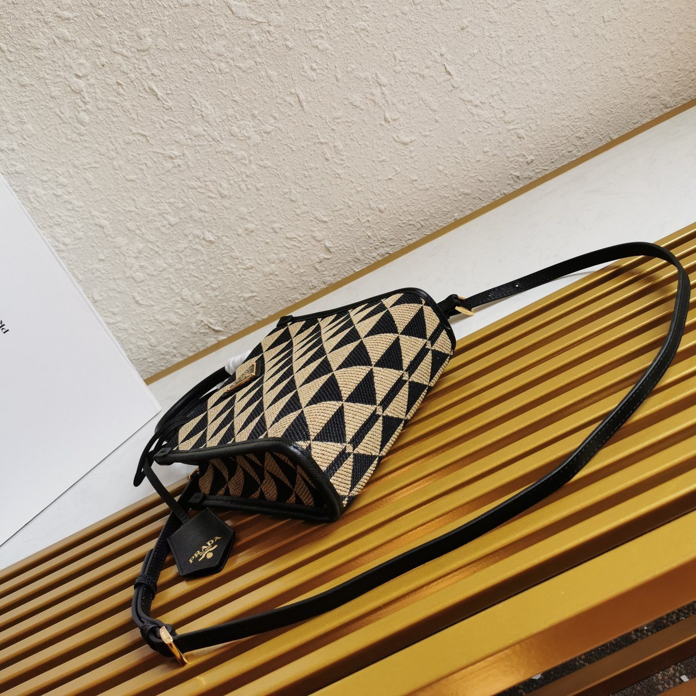 Prada Symbole Micro Bag In Black/Beige Jjacquard Fabric