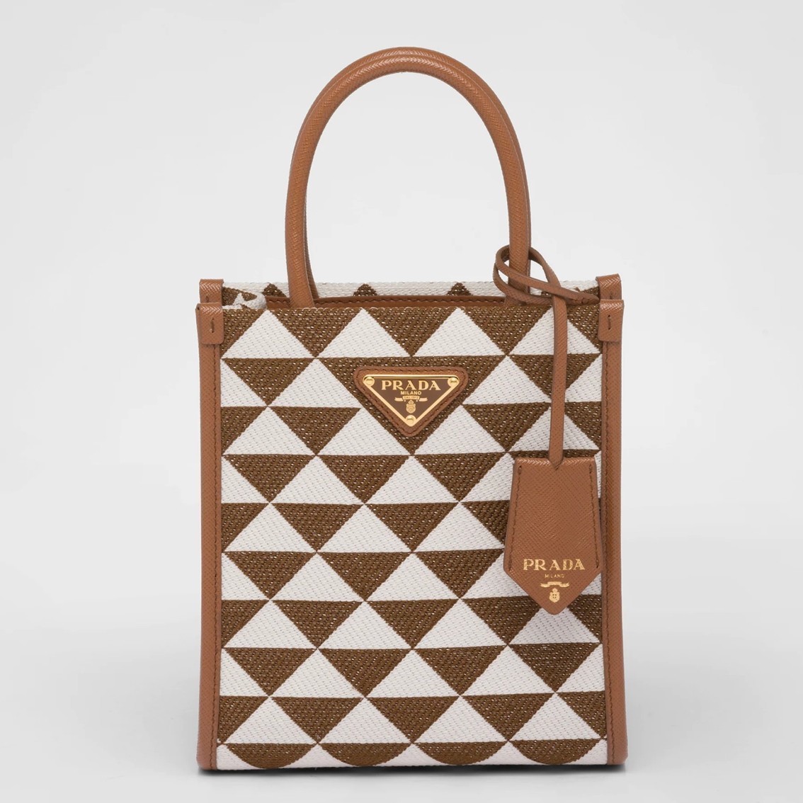 Prada Symbole Micro Bag In White/Brown Jjacquard Fabric