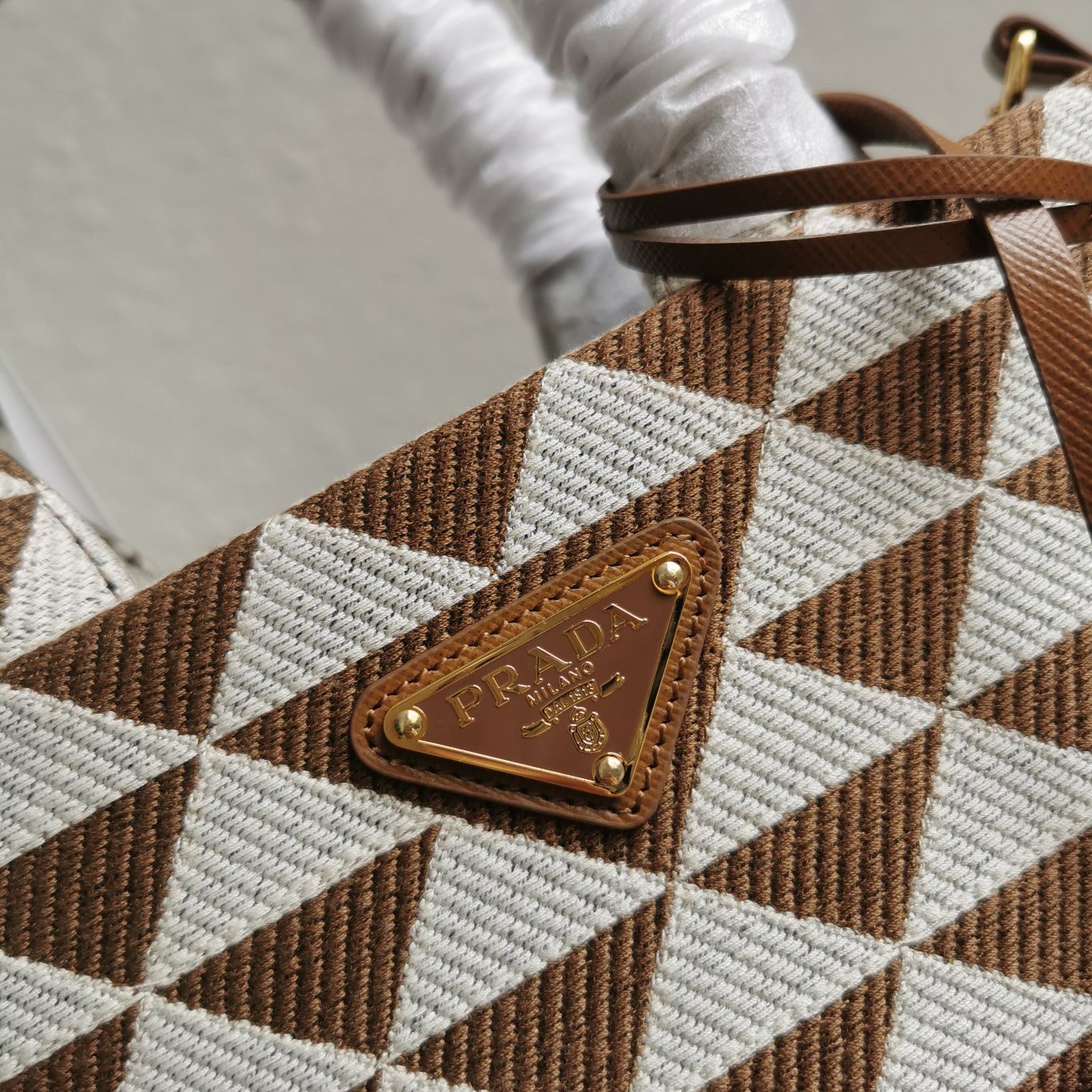 Prada Symbole Micro Bag In White/Brown Jjacquard Fabric