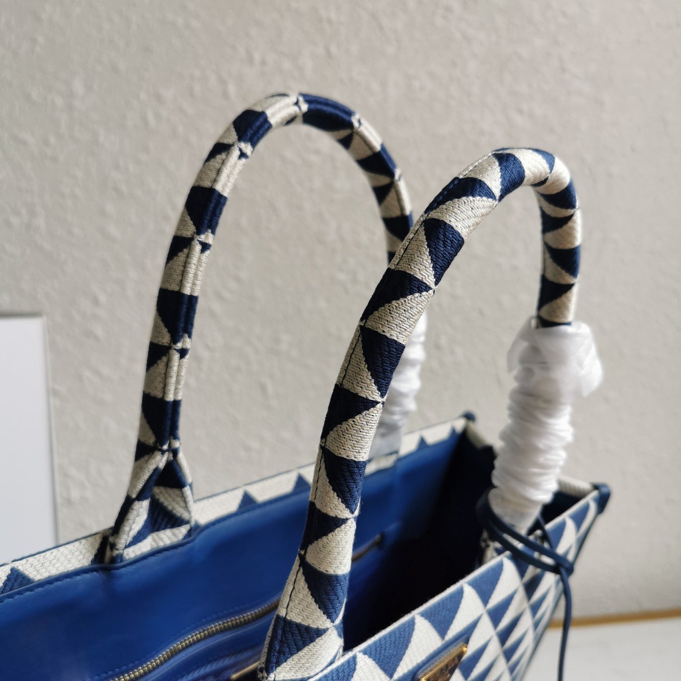 Prada Symbole Large Bag In White/Blue Jjacquard Fabric