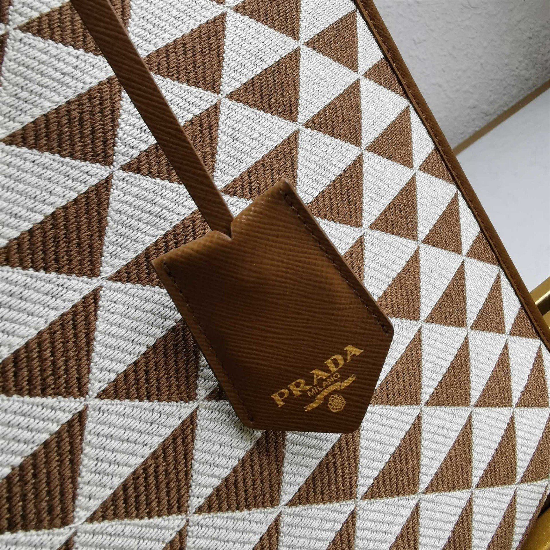 Prada Symbole Large Bag In White/Brown Jjacquard Fabric