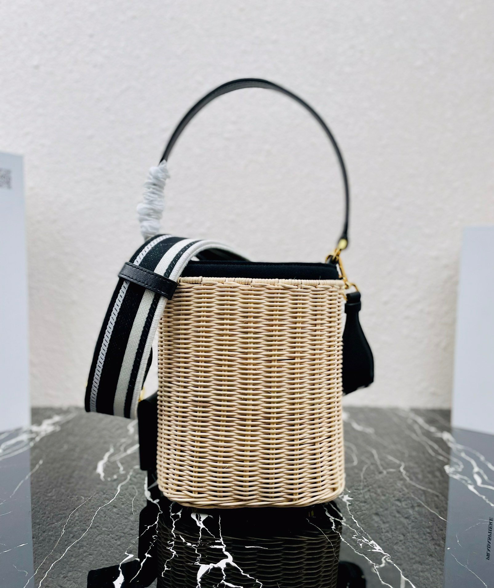 Prada Bucket Bag In Wicker and Black Canvas