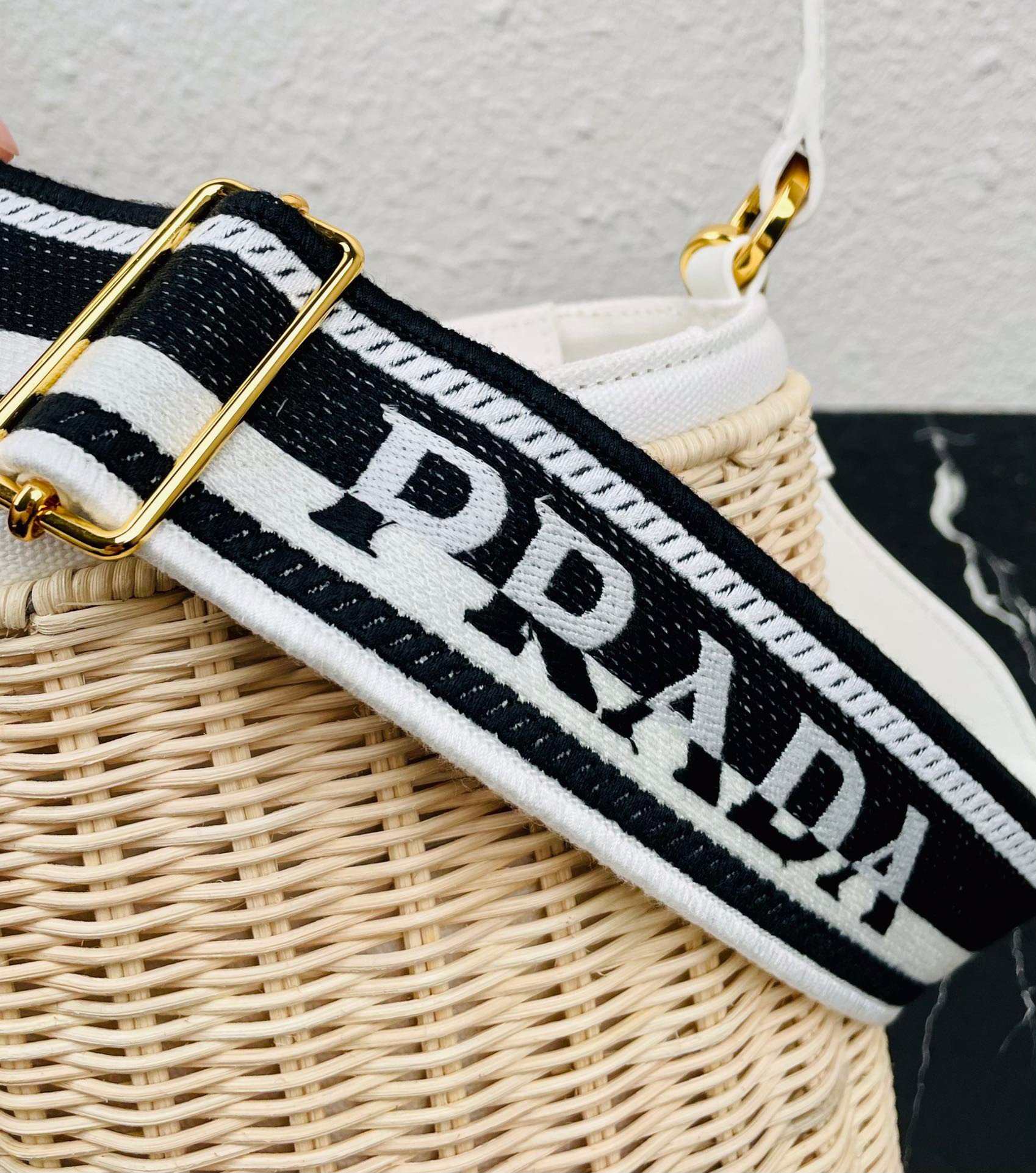 Prada Bucket Bag In Wicker and White Canvas