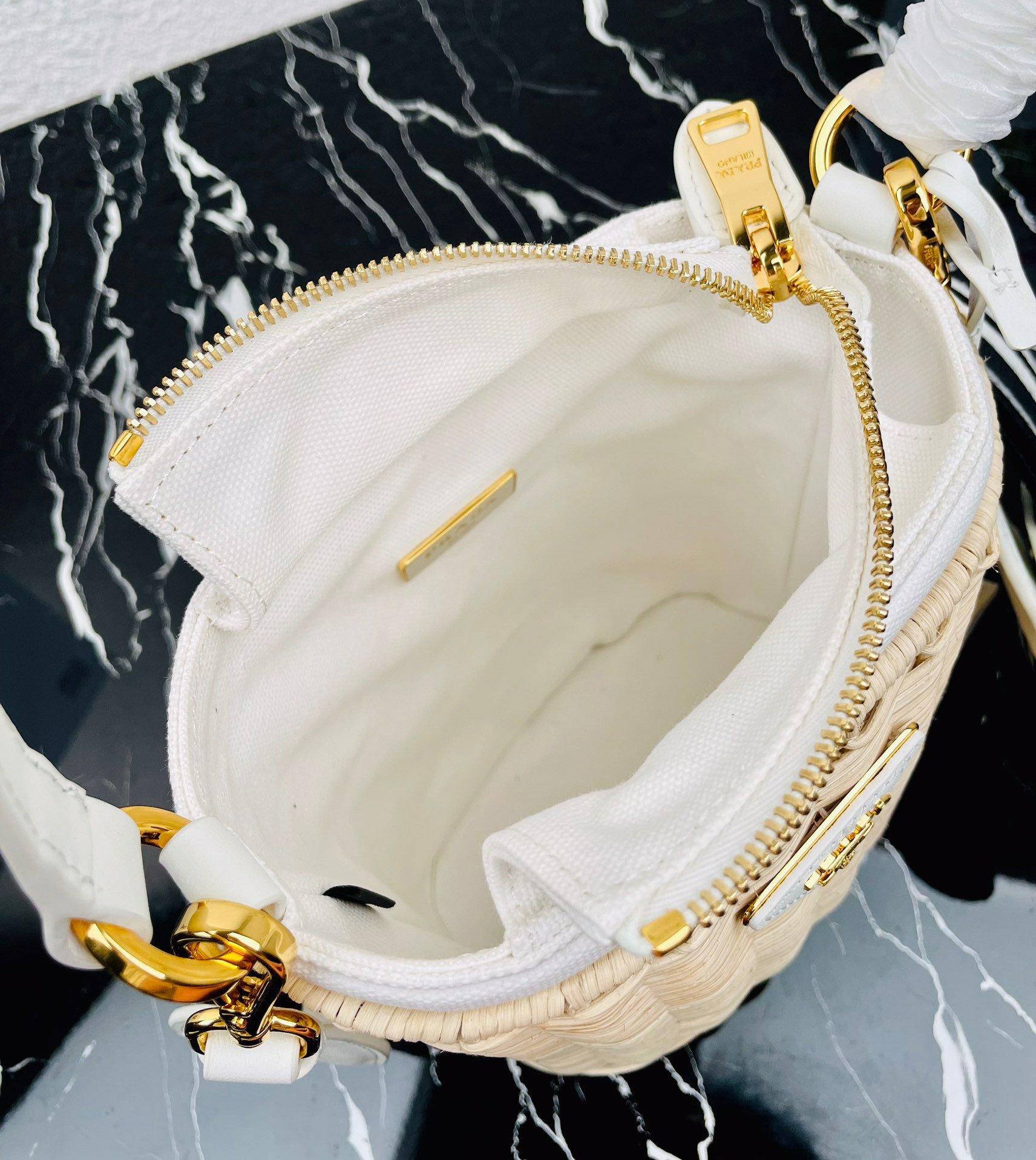 Prada Bucket Bag In Wicker and White Canvas