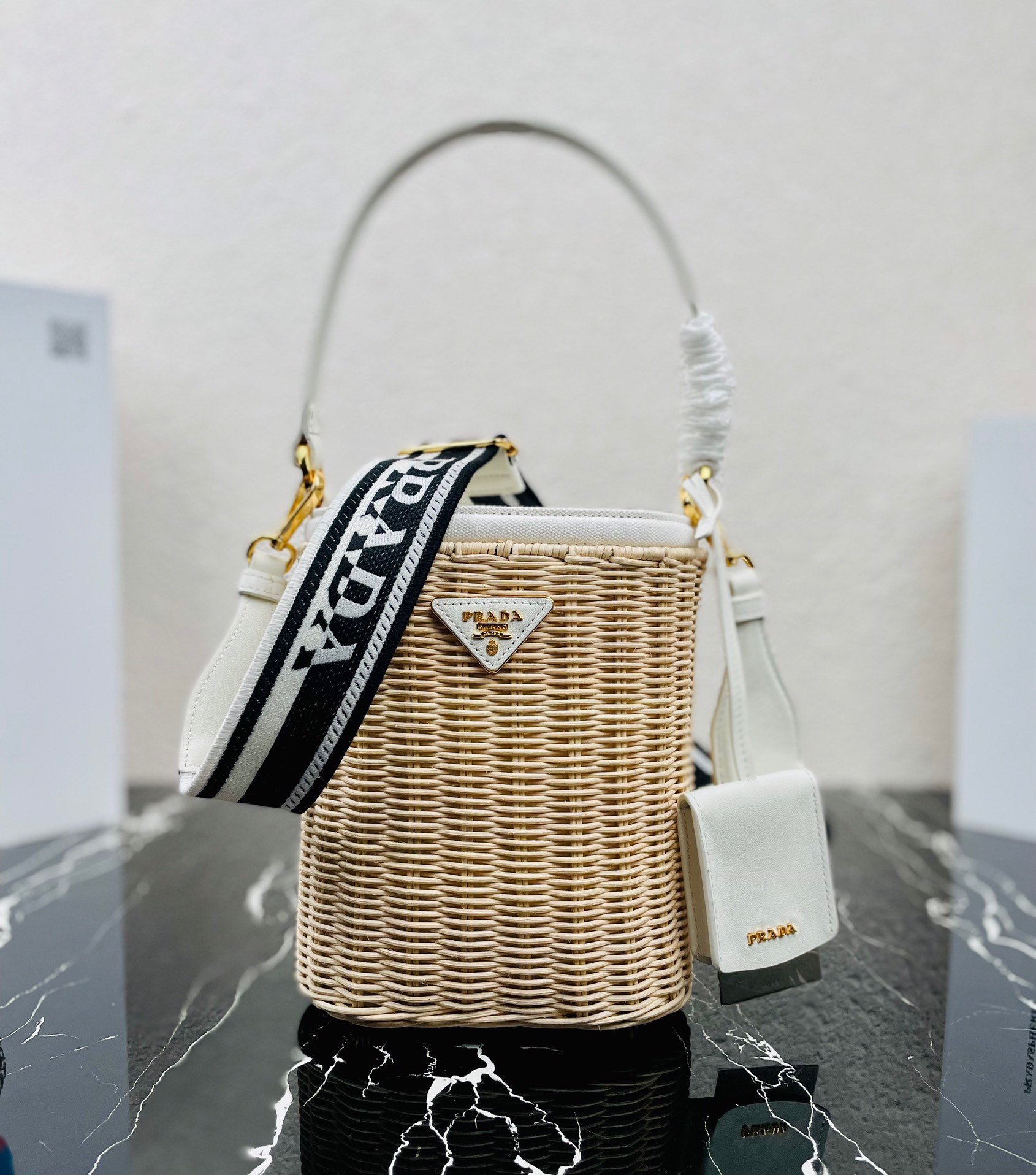 Prada Bucket Bag In Wicker and White Canvas