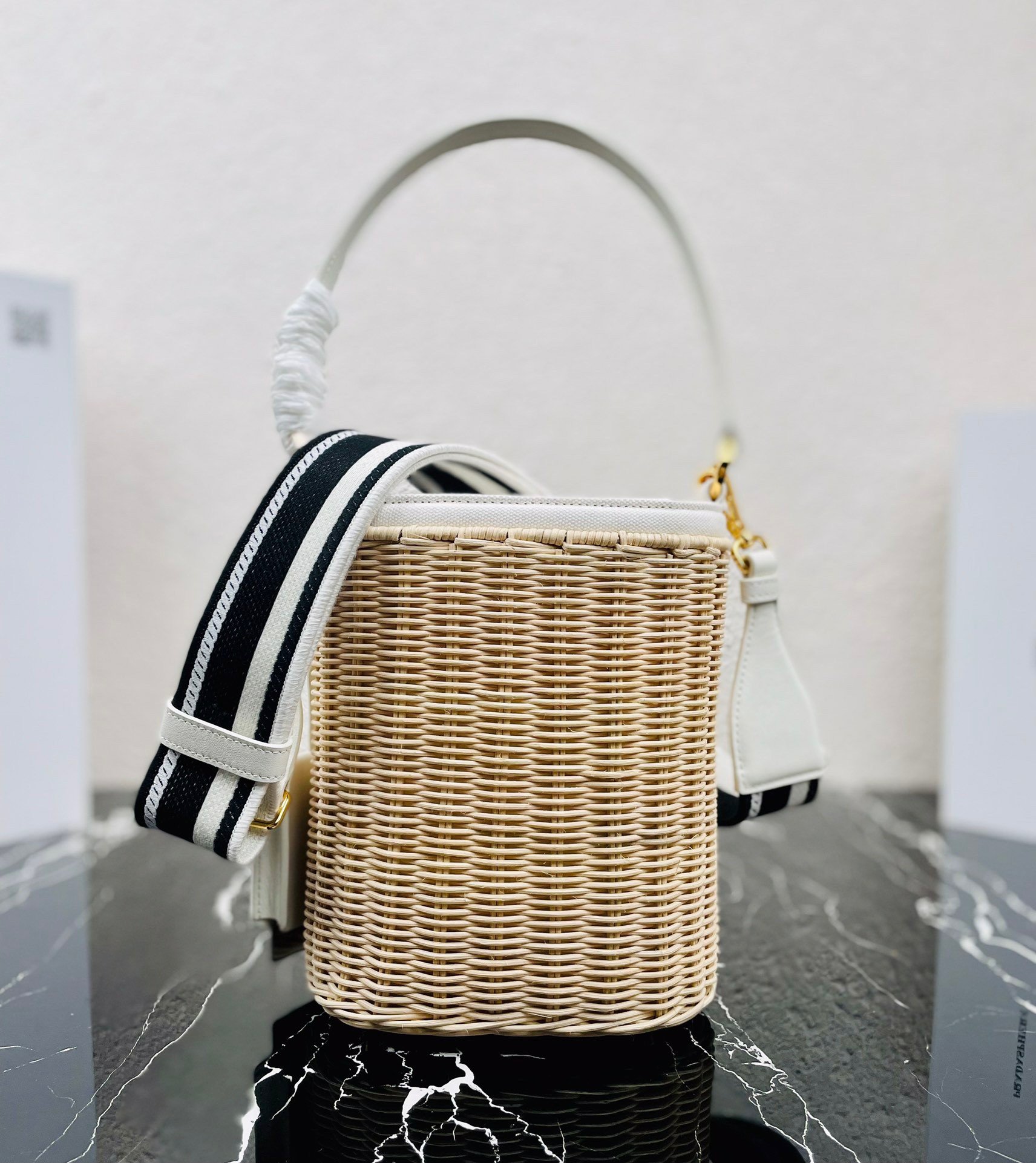 Prada Bucket Bag In Wicker and White Canvas