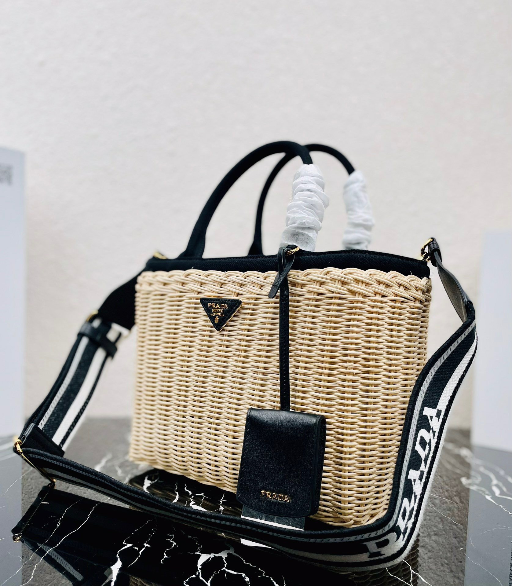 Prada Tote Bag In Wicker and Black Canvas