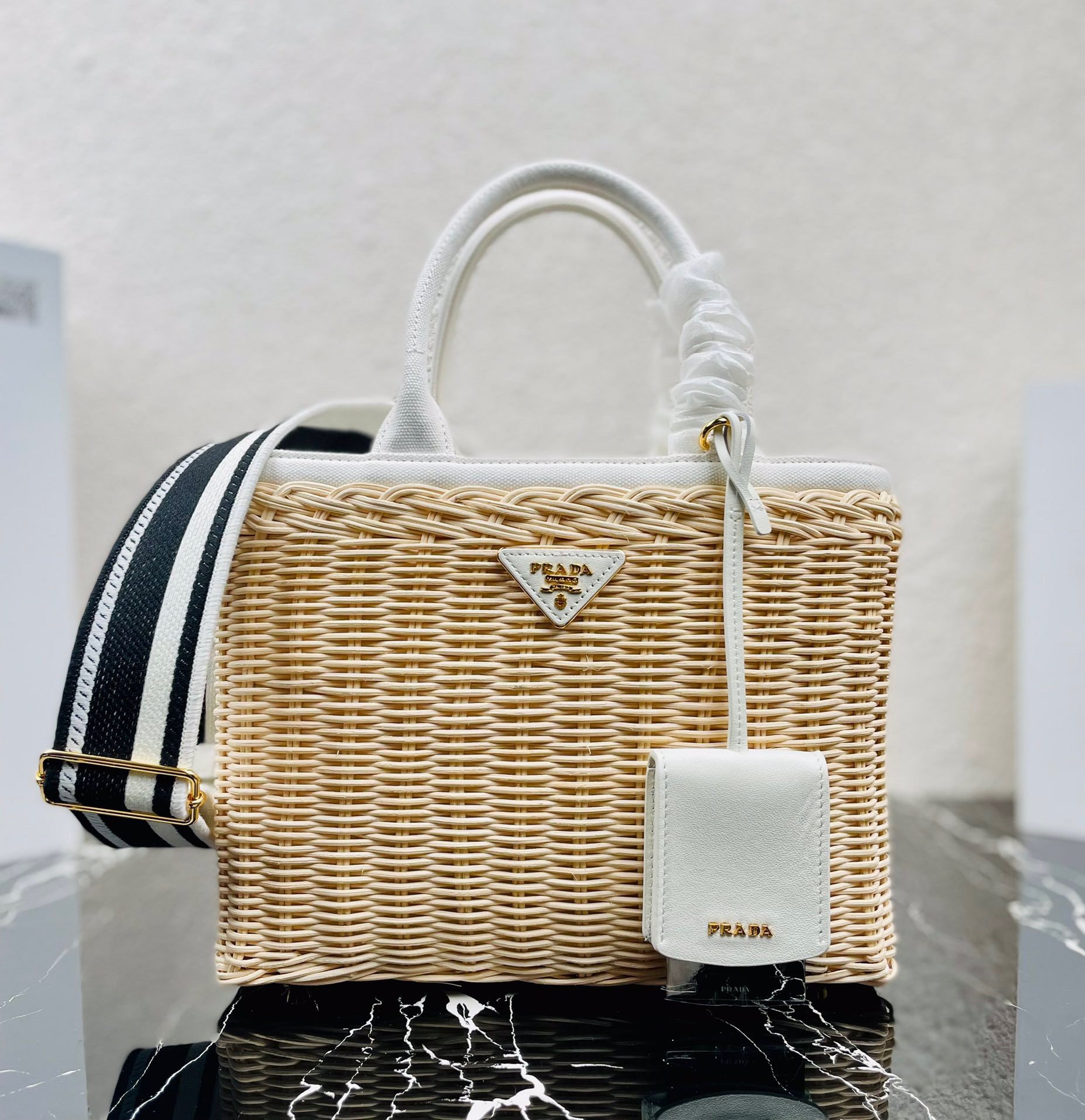 Prada Tote Bag In Wicker and White Canvas