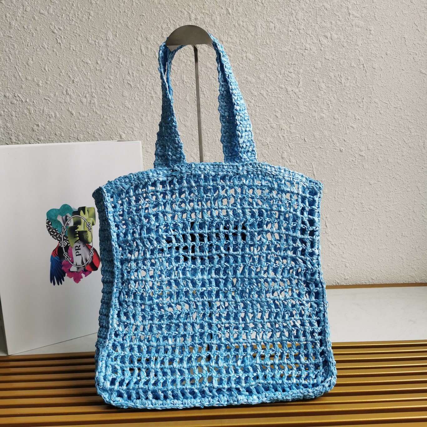 Prada Small Tote Bag In Blue Woven Raffia