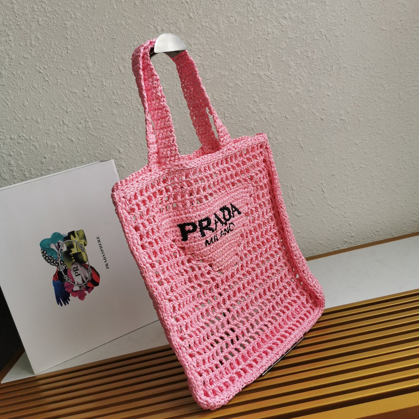 Prada Small Tote Bag In Pink Woven Raffia