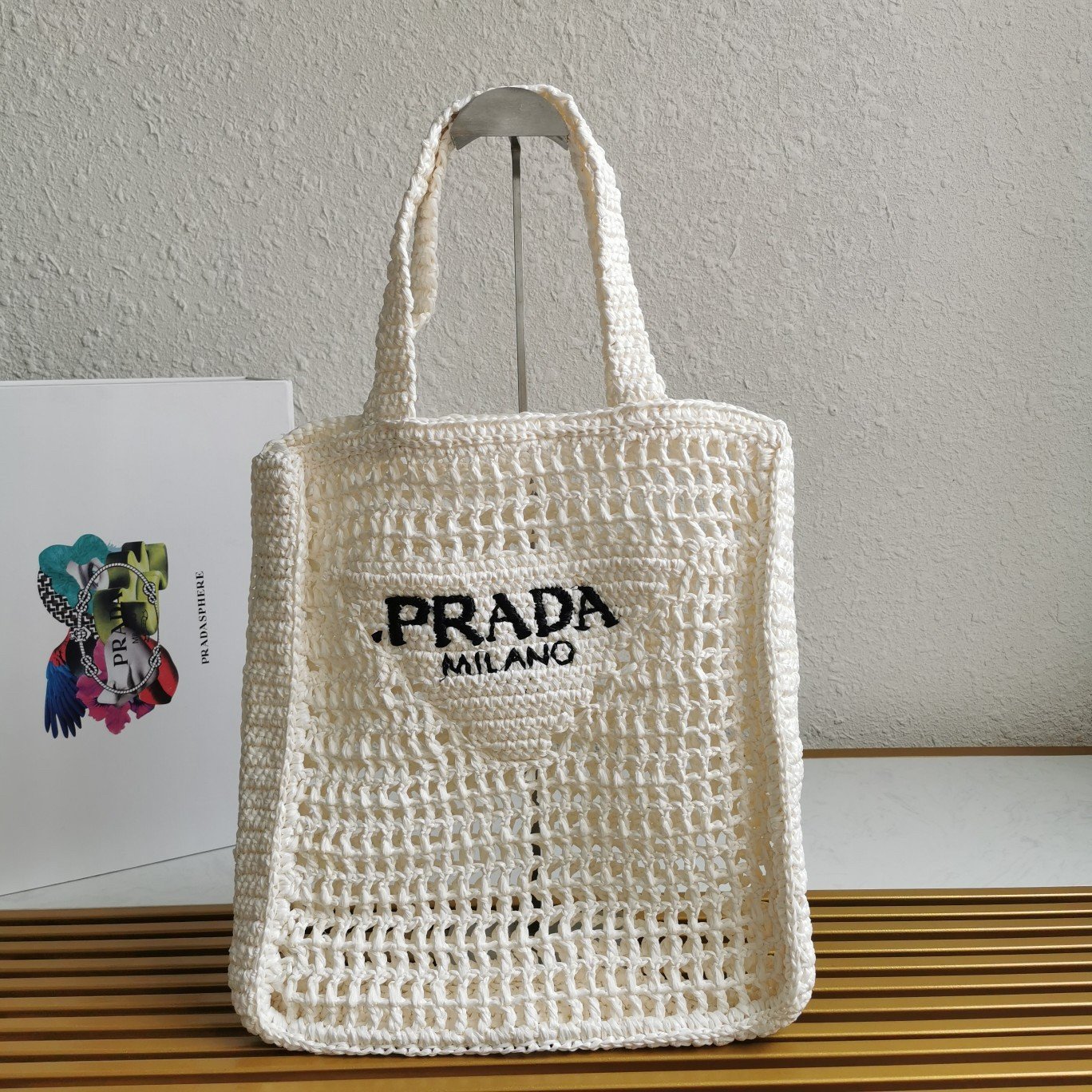 Prada Small Tote Bag In White Woven Raffia