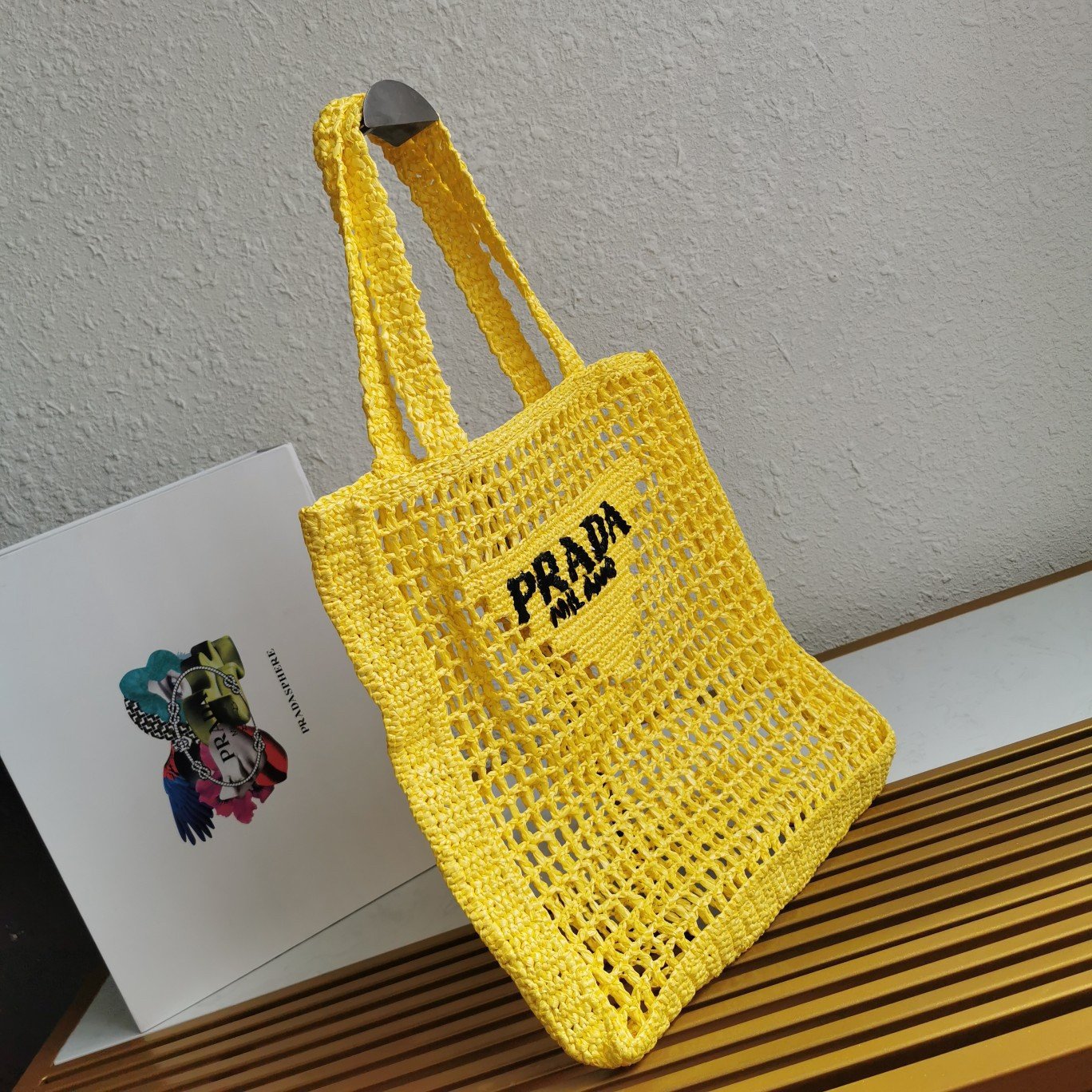 Prada Small Tote Bag In Yello Woven Raffia