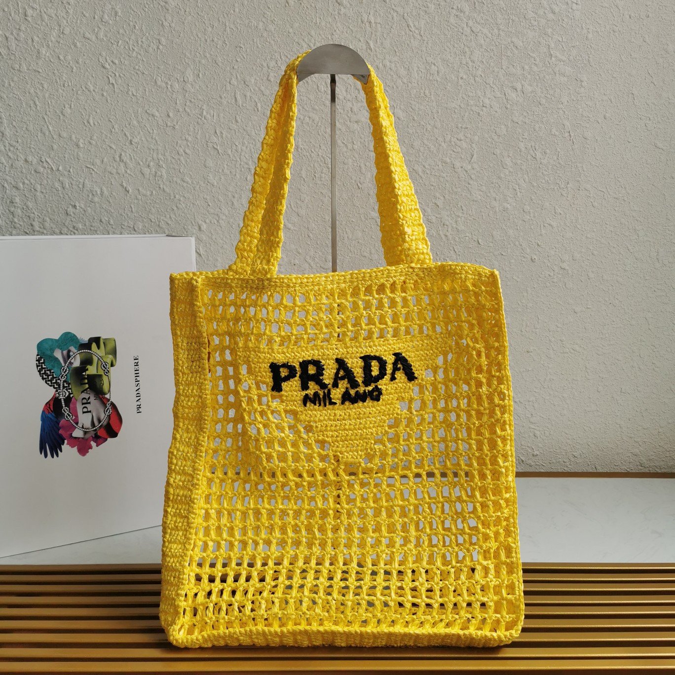 Prada Small Tote Bag In Yello Woven Raffia