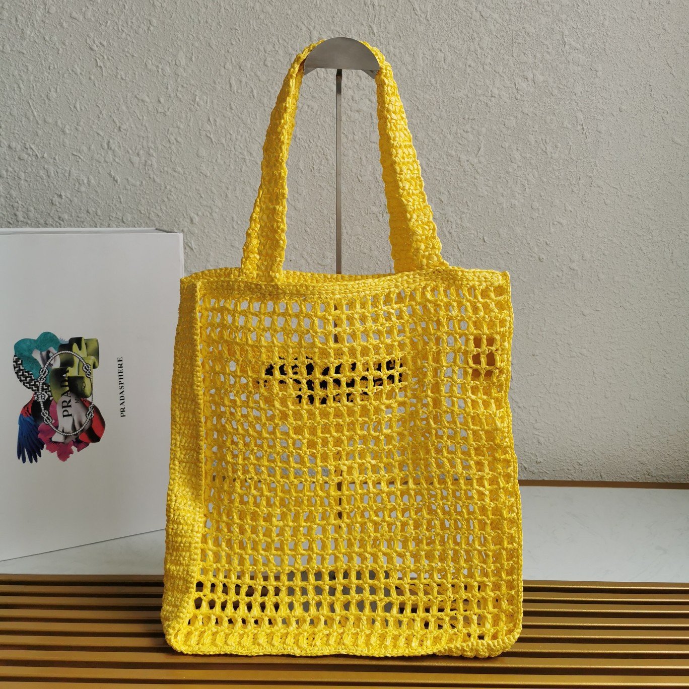 Prada Small Tote Bag In Yello Woven Raffia