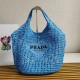 Prada Large Tote Bag In Blue Woven Raffia