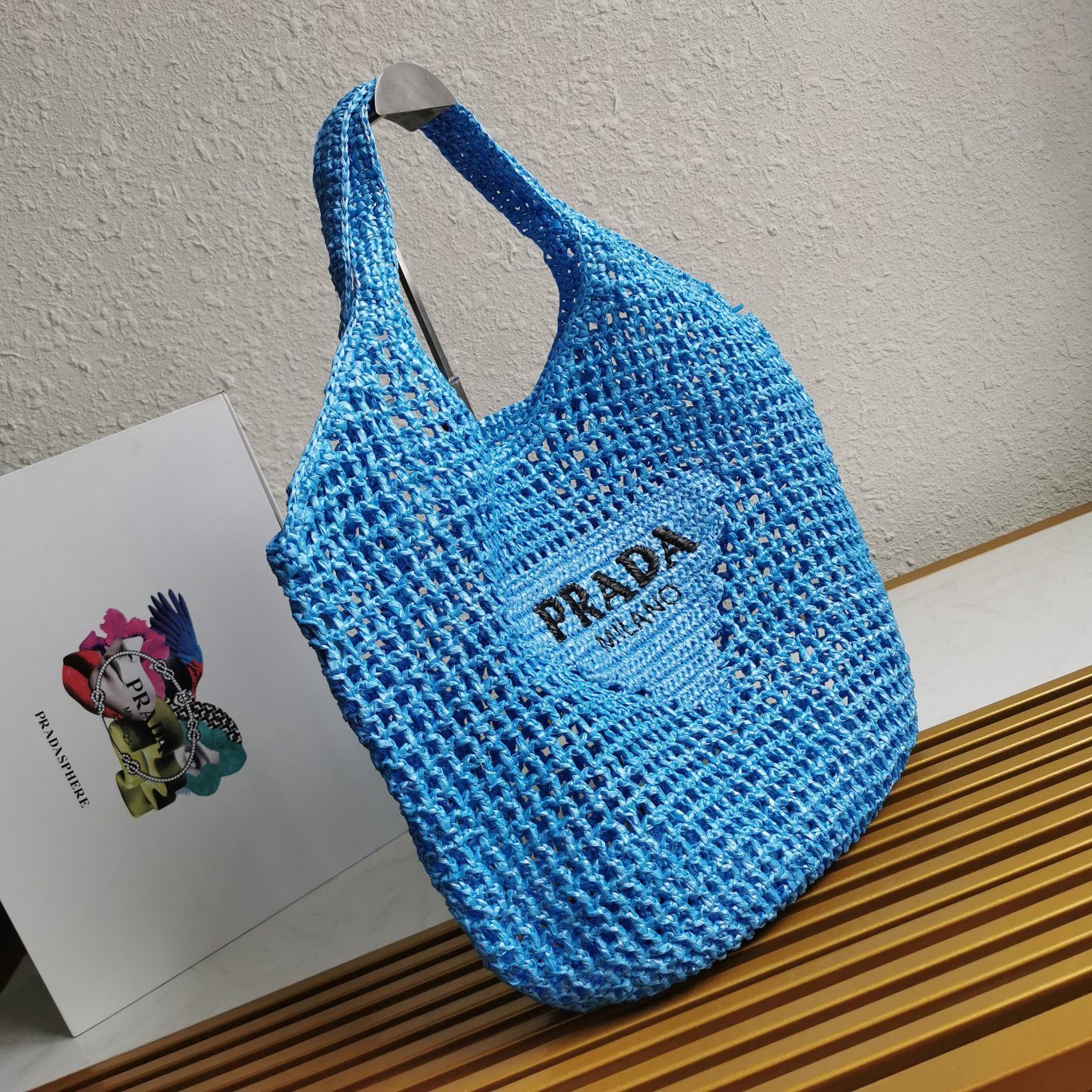 Prada Large Tote Bag In Blue Woven Raffia