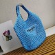 Prada Large Tote Bag In Blue Woven Raffia