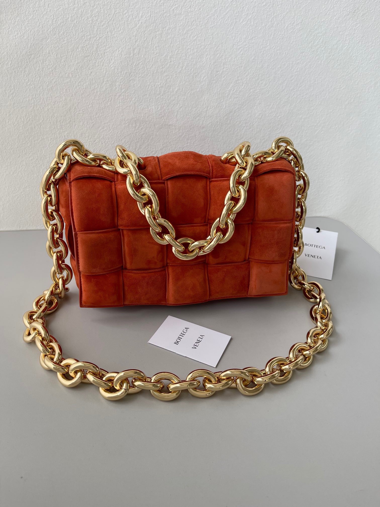 Bottega Veneta Chain Cassette Bag In Maple Intrecciato Suede Calfskin