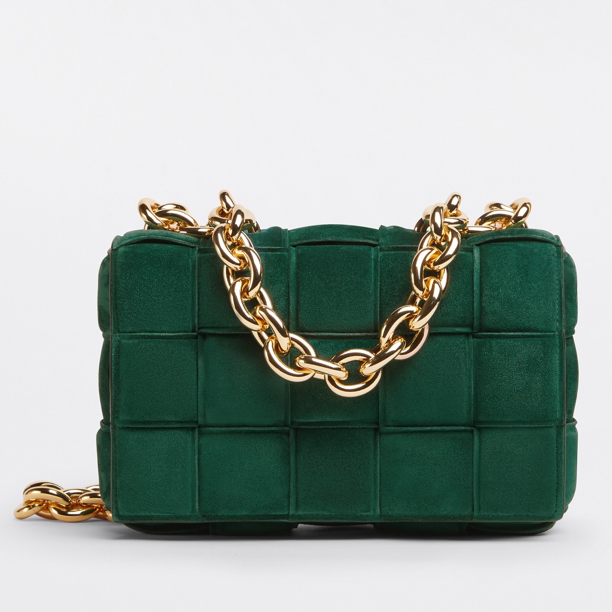 Bottega Veneta Chain Cassette Bag In Green Intrecciato Suede Calfskin