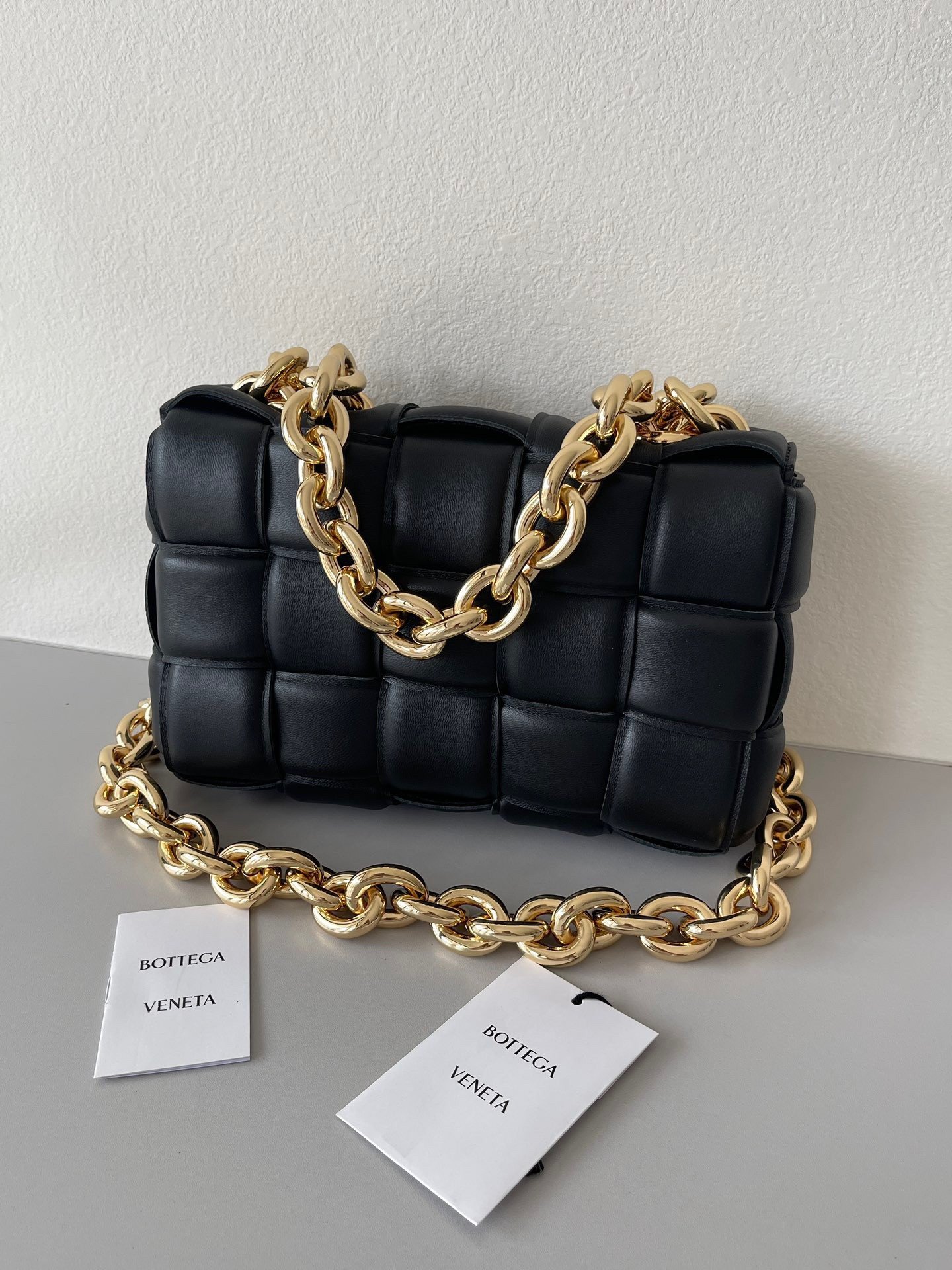 Bottega Veneta Chain Cassette Bag In Black Intrecciato Lambskin