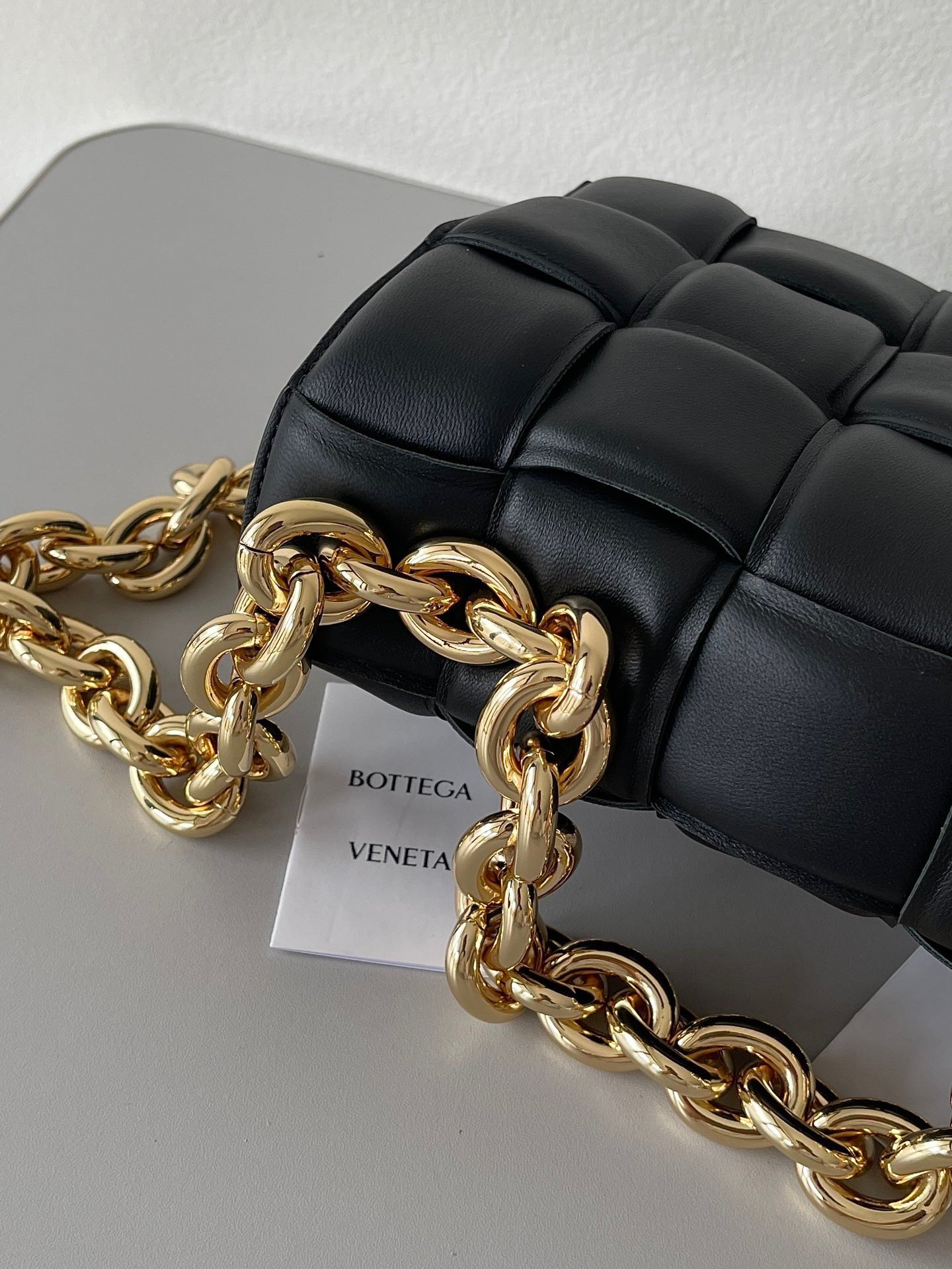 Bottega Veneta Chain Cassette Bag In Black Intrecciato Lambskin