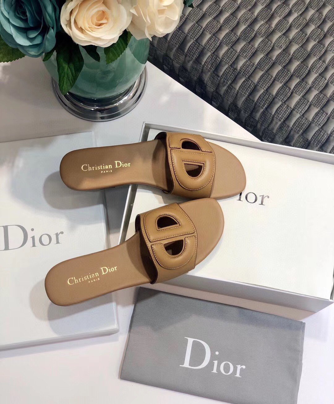 Dior Women's D-Club Slides In Brown Calfskin