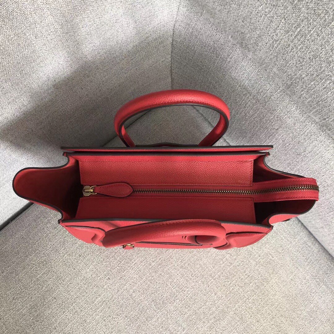 Celine Micro Luggage Tote Bag In Red Drummed Calfskin