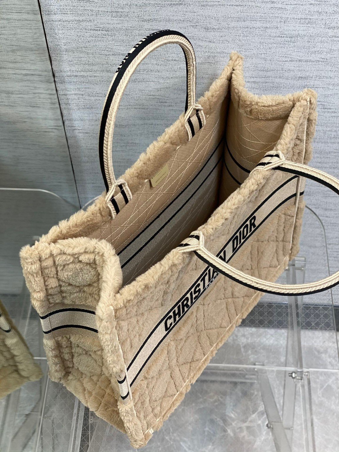 Dior Large Book Tote Bag In Beige Cannage Shearling