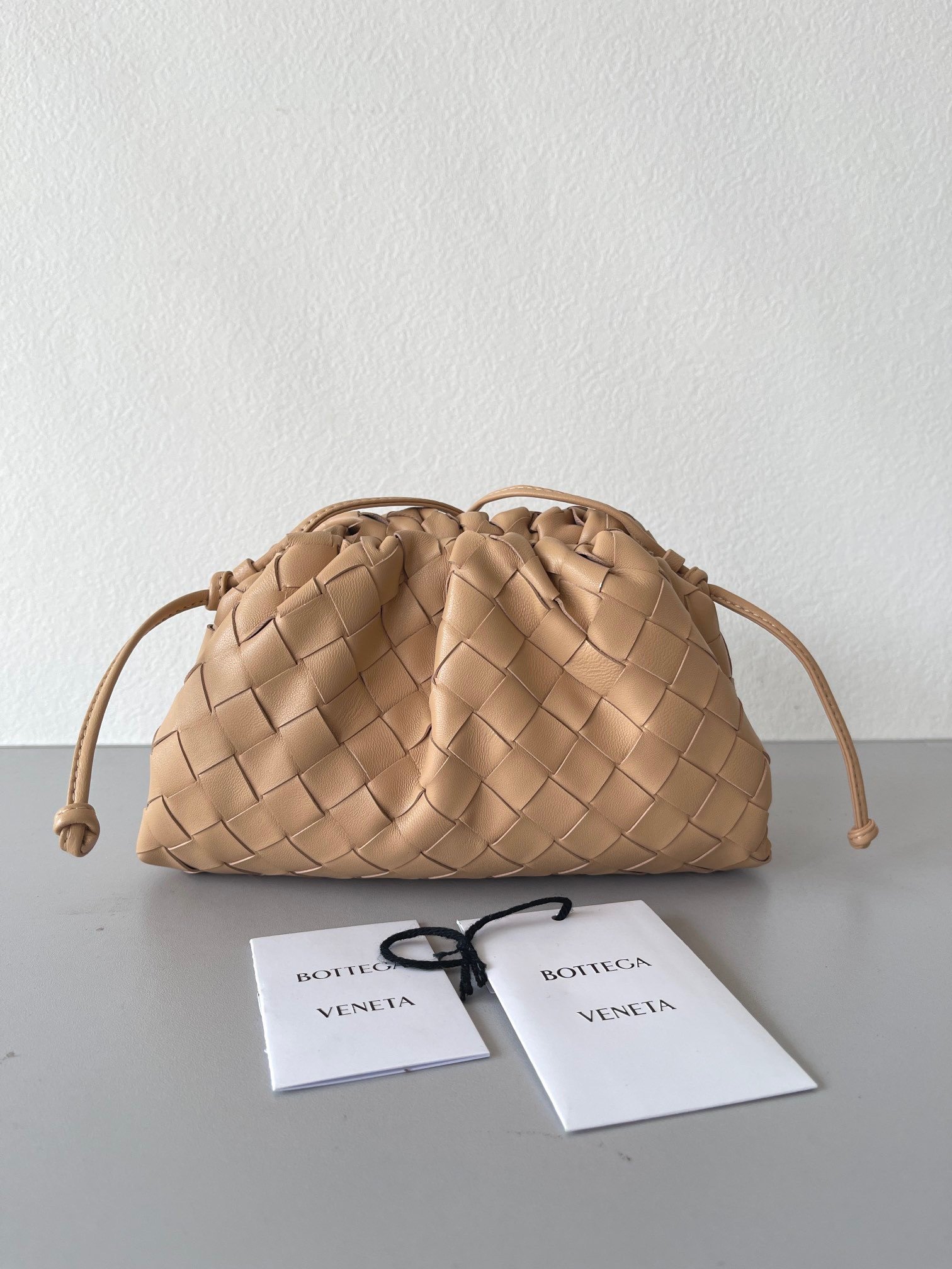 Bottega Veneta Mini Pouch with Strap in Almond Intrecciato Lambskin