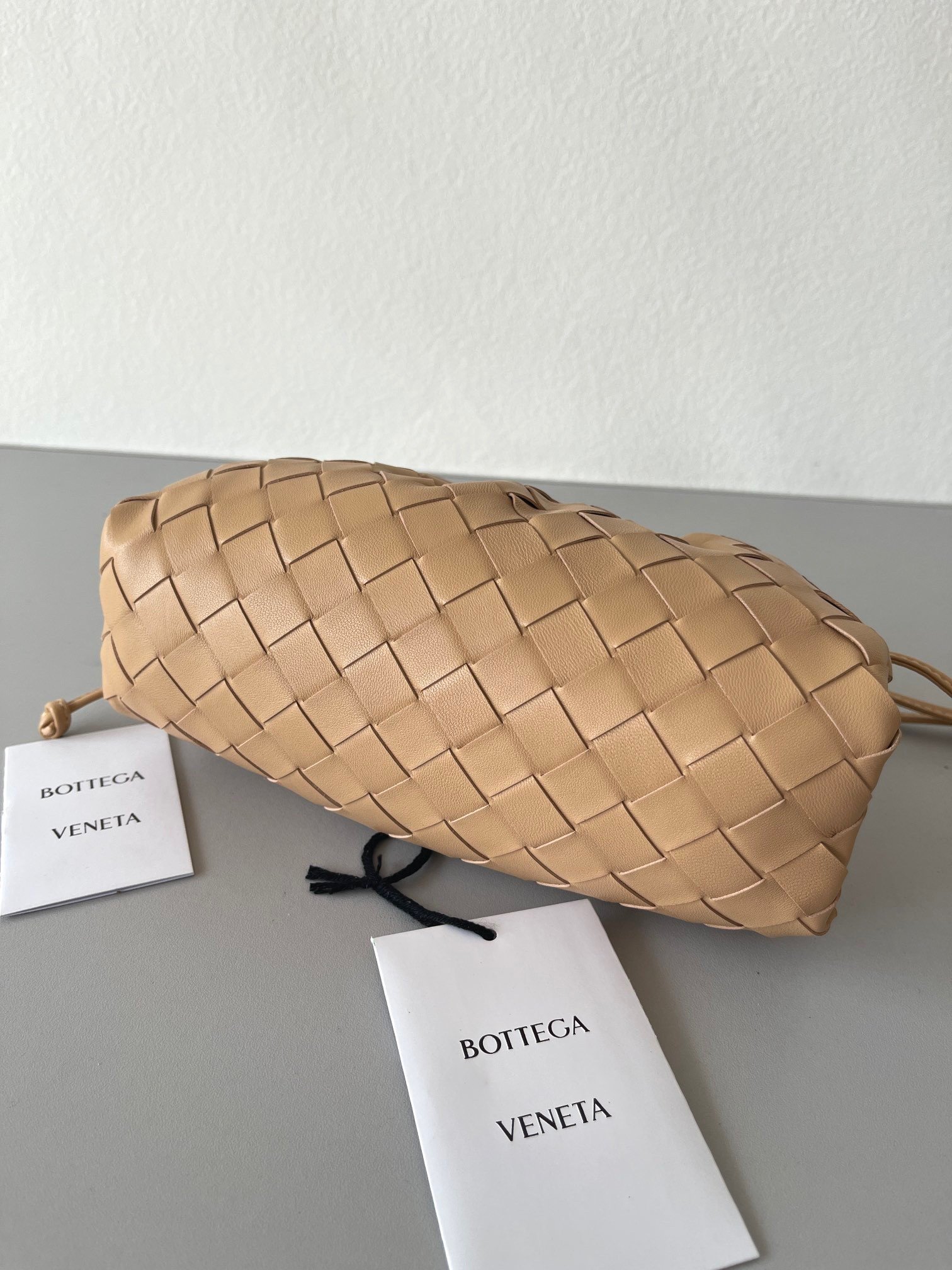 Bottega Veneta Mini Pouch with Strap in Almond Intrecciato Lambskin