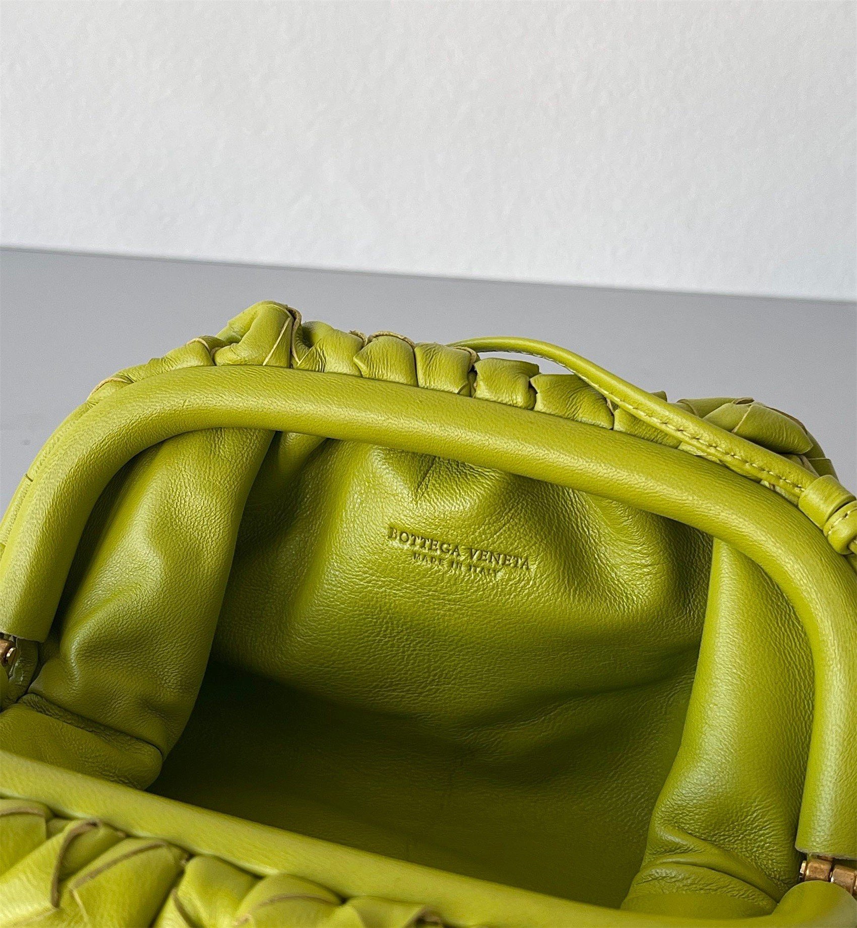 Bottega Veneta Mini Pouch with Strap in Kiwi Intrecciato Lambskin