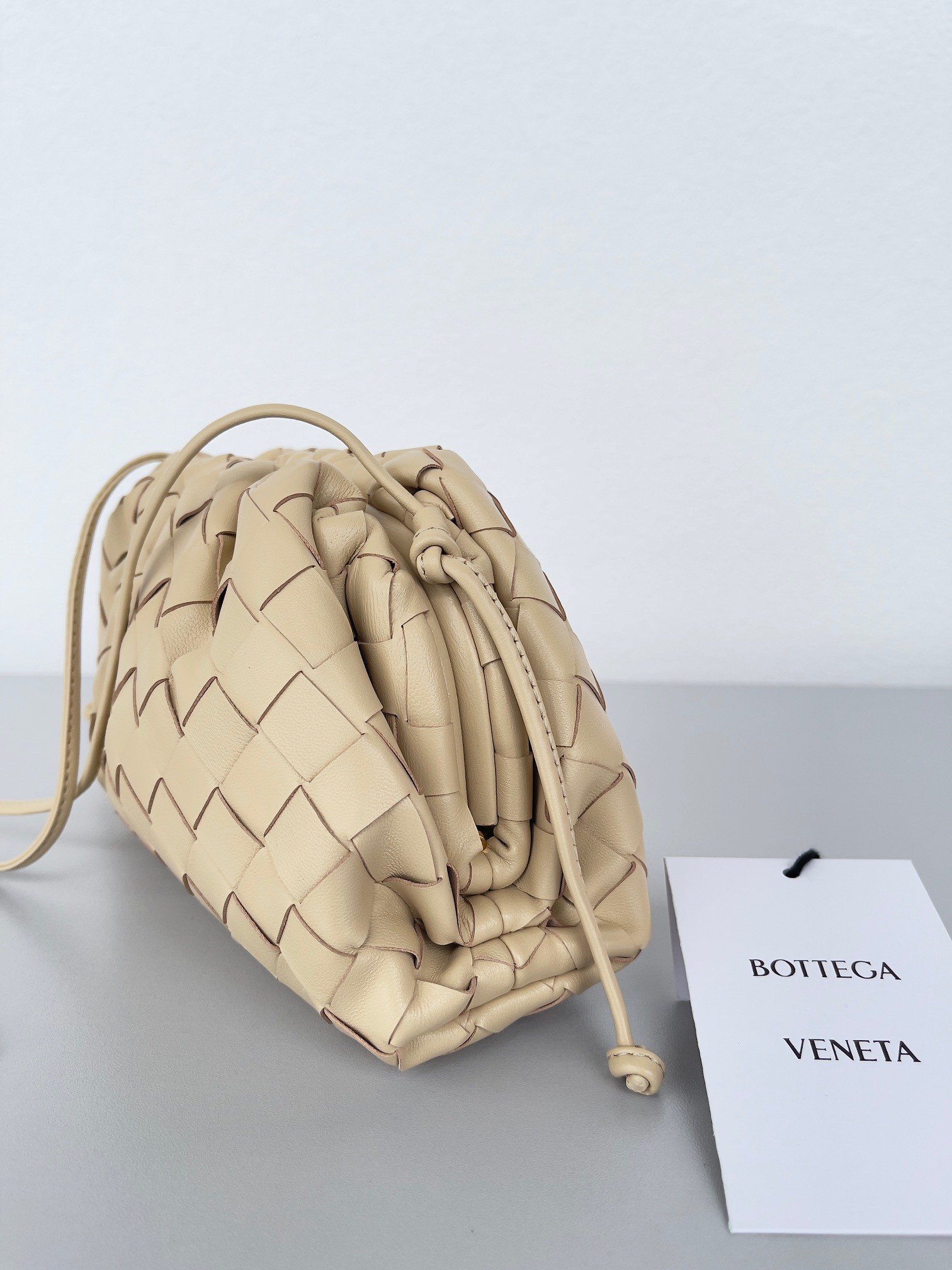 Bottega Veneta Mini Pouch with Strap in Porridge Intrecciato Lambskin