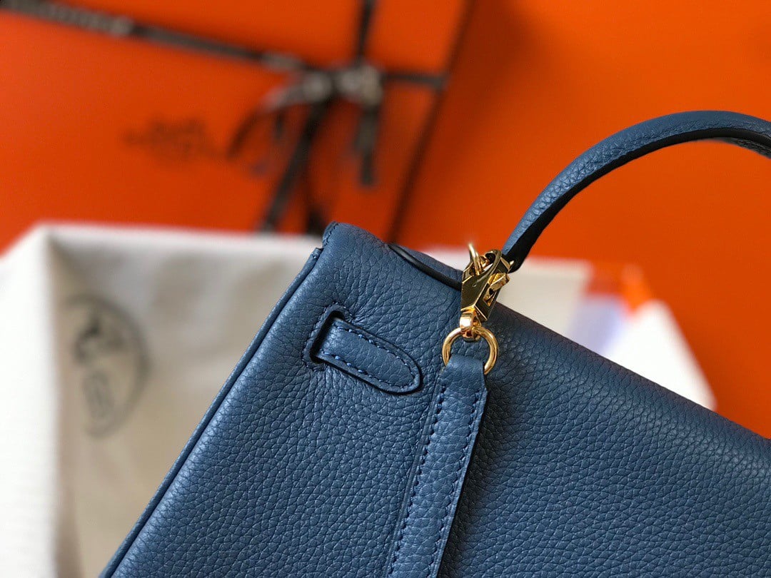 Hermes Kelly 25cm Retourne Bag in Blue Agate Clemence Leather GHW