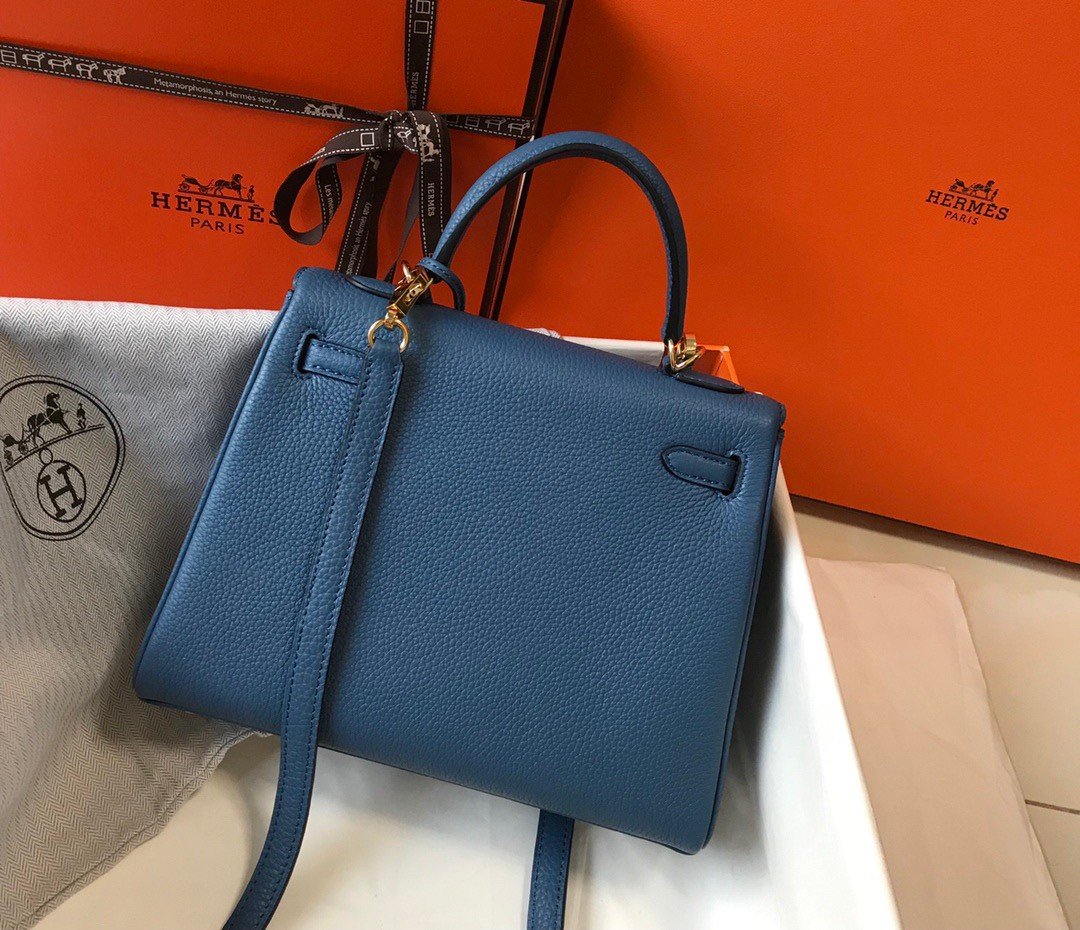 Hermes Kelly 25cm Retourne Bag in Blue Agate Clemence Leather GHW