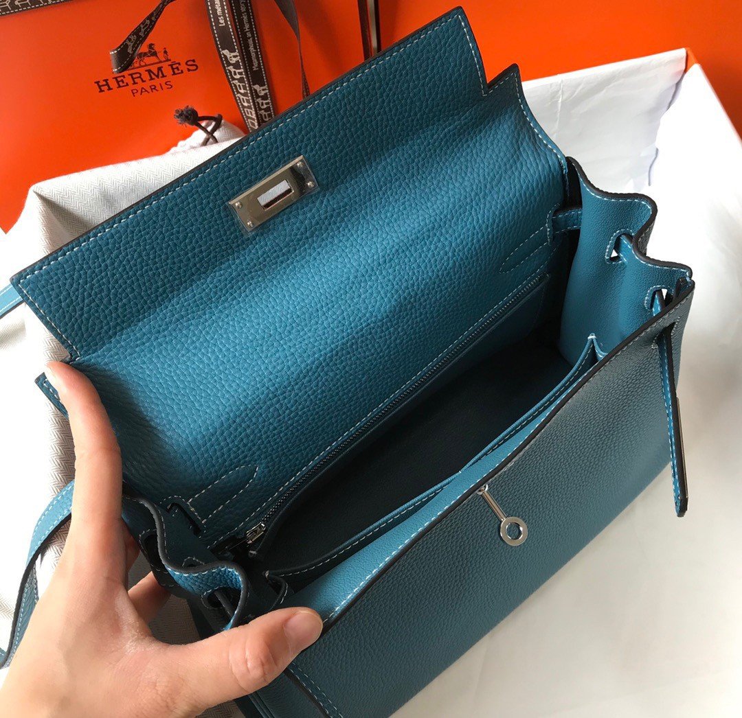 Hermes Kelly 25cm Retourne Bag in Blue Jean Clemence Leather PHW