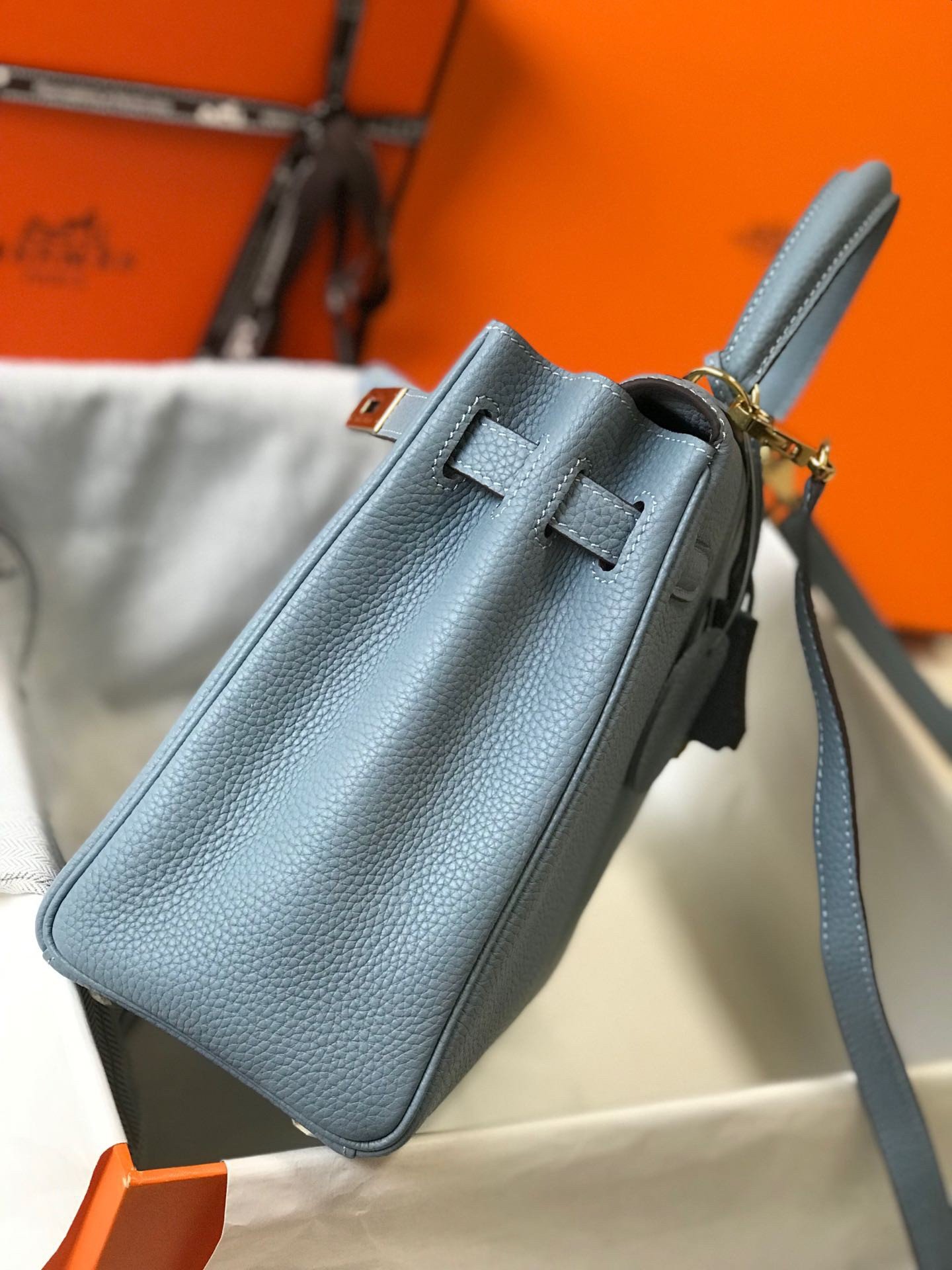 Hermes Kelly 25cm Retourne Bag in Blue Lin Clemence Leather GHW