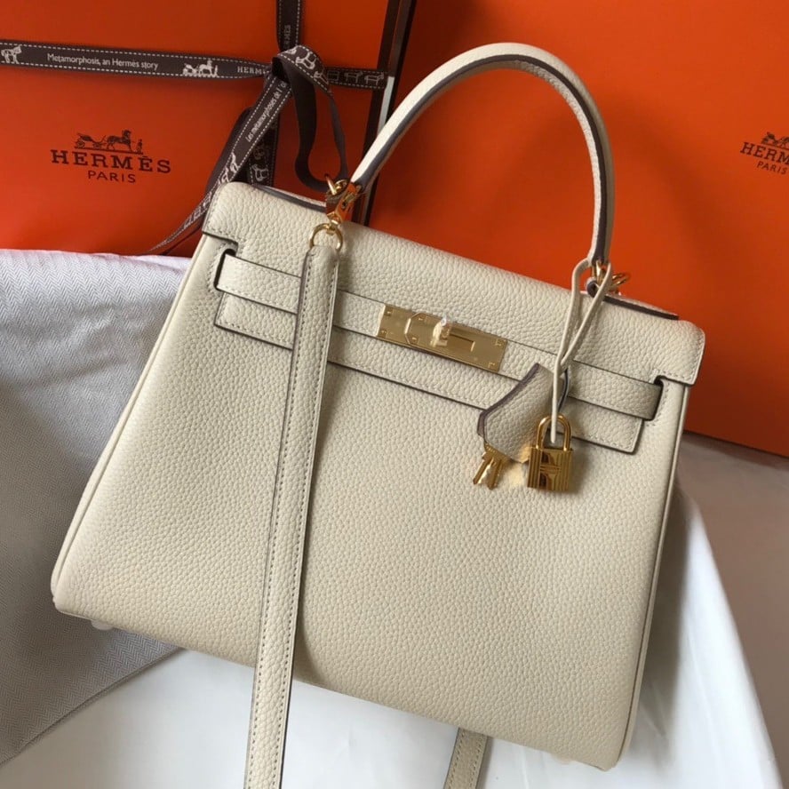 Hermes Kelly 25cm Retourne Bag in Craie Clemence Leather GHW