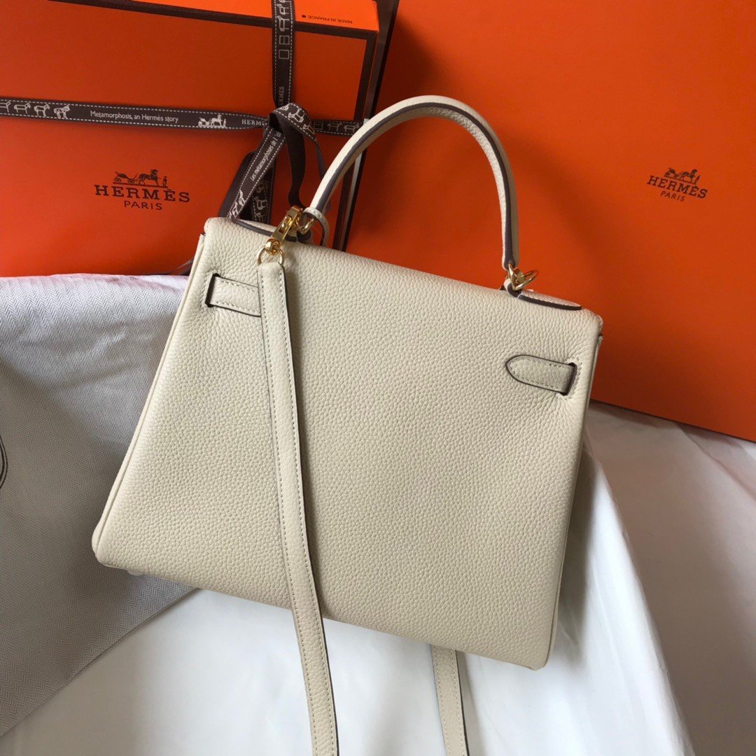 Hermes Kelly 25cm Retourne Bag in Craie Clemence Leather GHW