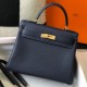 Hermes Kelly 25cm Retourne Bag in Navy Blue Clemence Leather GHW