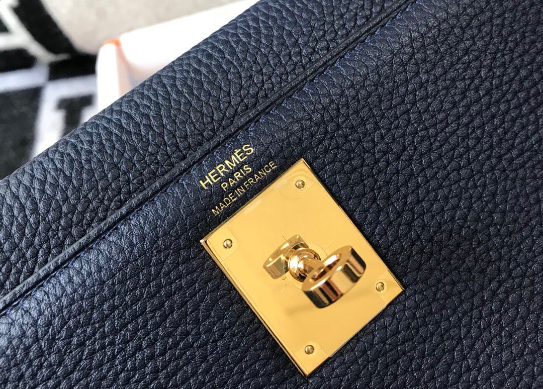 Hermes Kelly 25cm Retourne Bag in Navy Blue Clemence Leather GHW