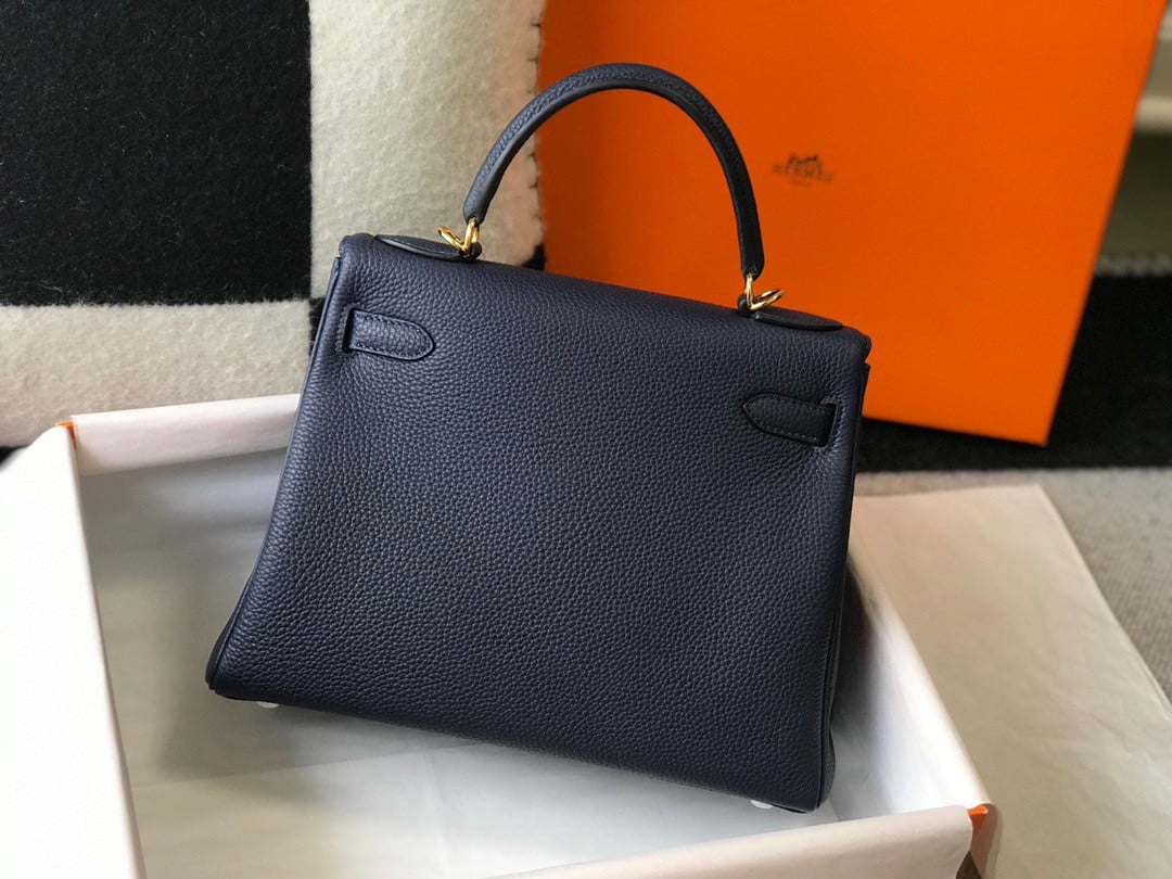 Hermes Kelly 25cm Retourne Bag in Navy Blue Clemence Leather GHW