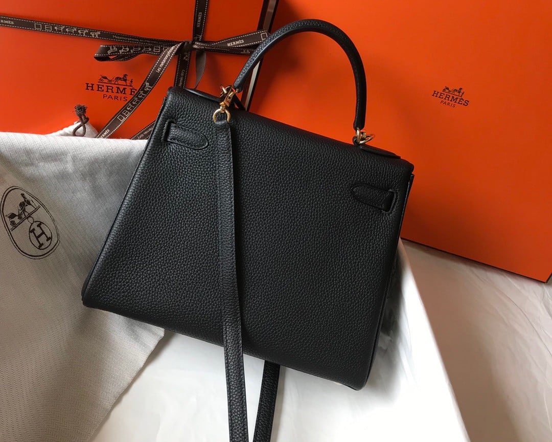 Hermes Kelly 25cm Retourne Bag in Black Clemence Leather GHW