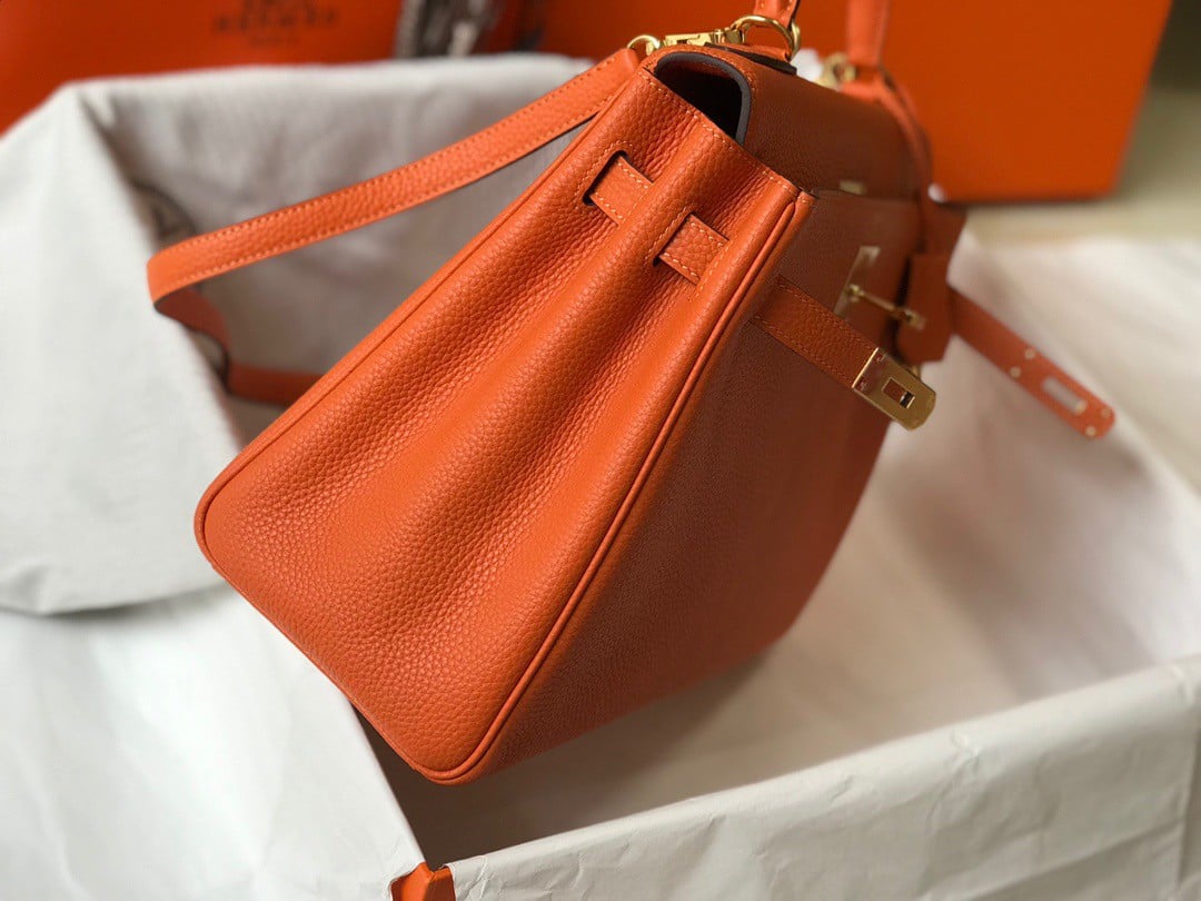 Hermes Kelly 25cm Retourne Bag in Orange Clemence Leather GHW