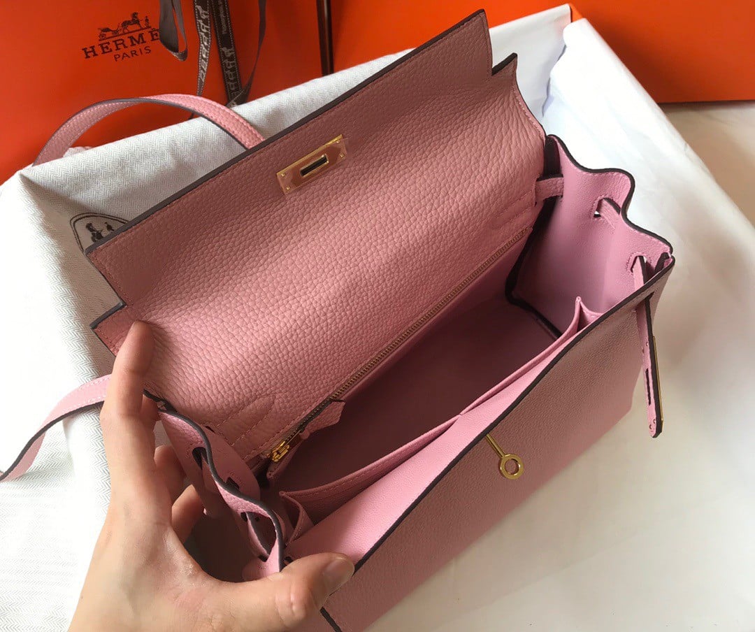 Hermes Kelly 25cm Retourne Bag in Pink Clemence Leather GHW