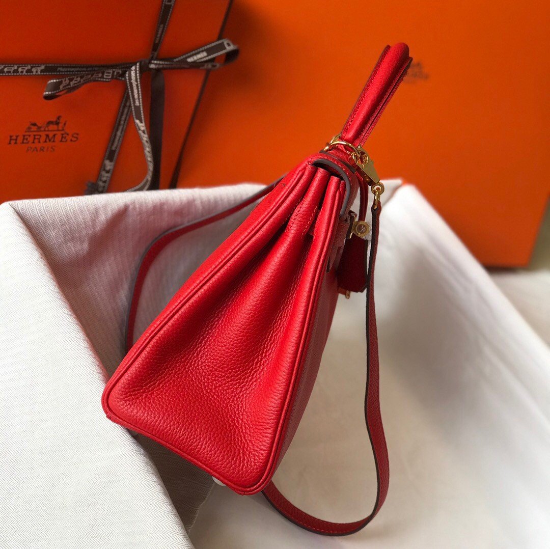 Hermes Kelly 25cm Retourne Bag in Red Clemence Leather GHW