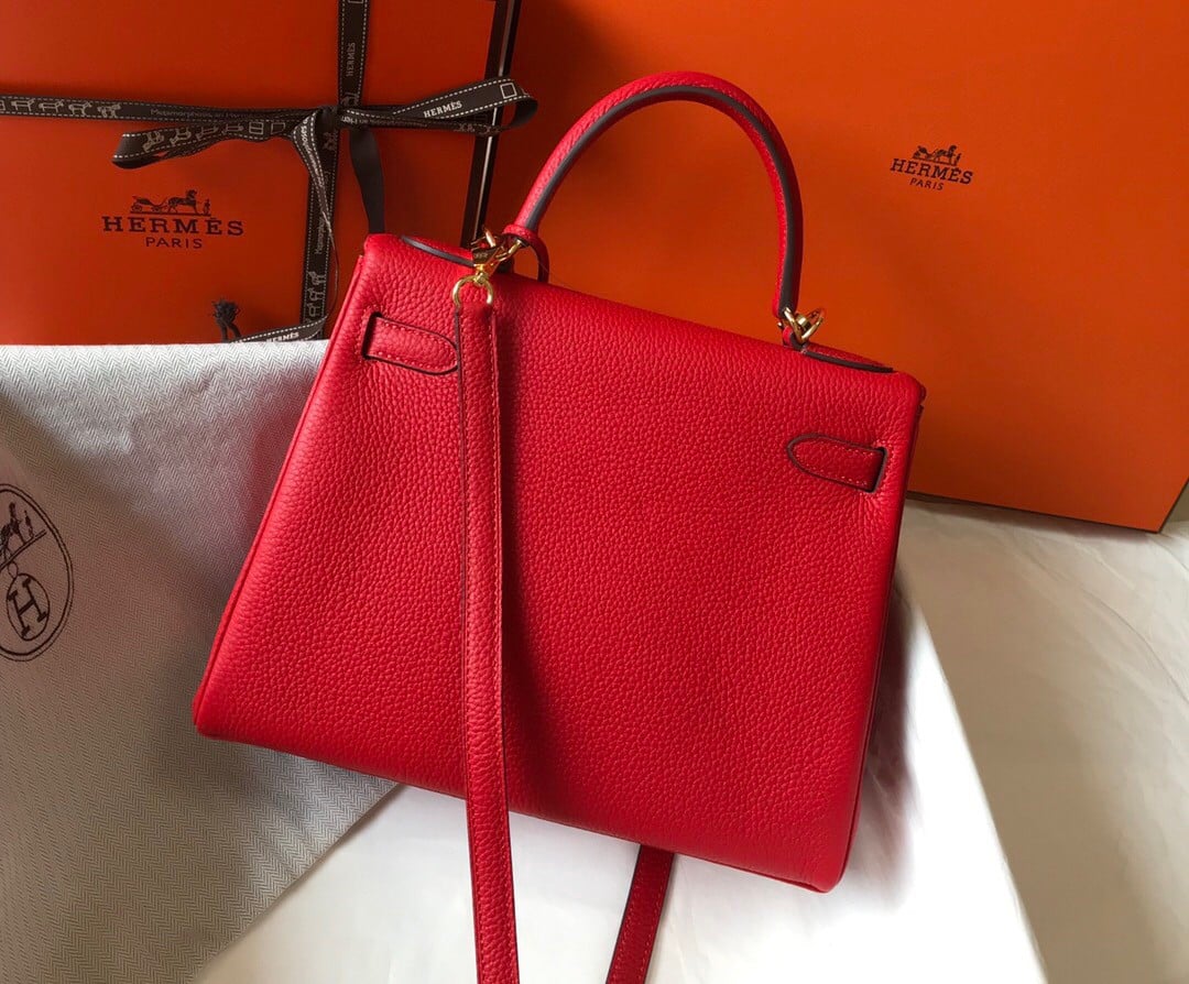 Hermes Kelly 25cm Retourne Bag in Red Clemence Leather GHW