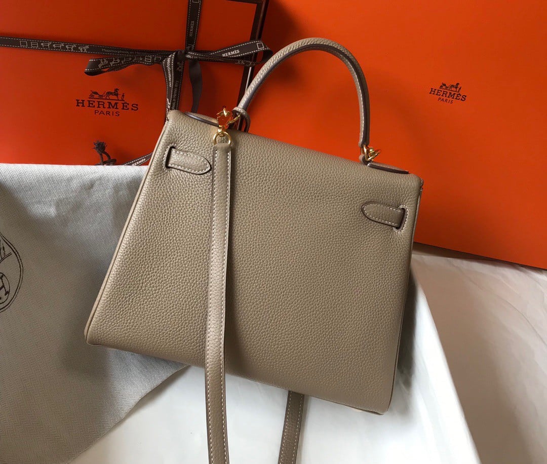 Hermes Kelly 25cm Retourne Bag in Tourterelle Clemence Leather GHW