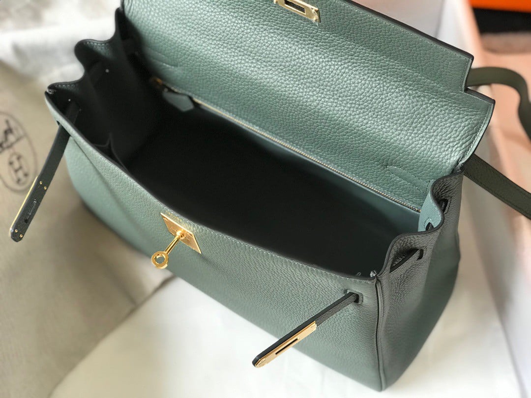 Hermes Kelly 25cm Retourne Bag in Vert Amande Clemence Leather GHW