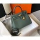 Hermes Kelly 25cm Retourne Bag in Vert Amande Clemence Leather GHW